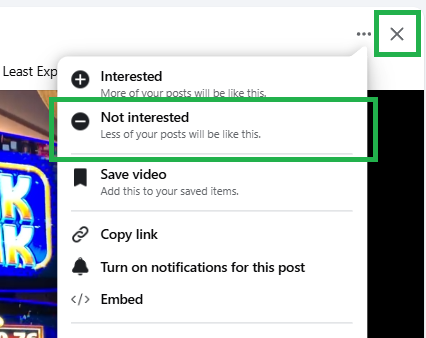 Social media menu showing 'Not interested' option for gambling content